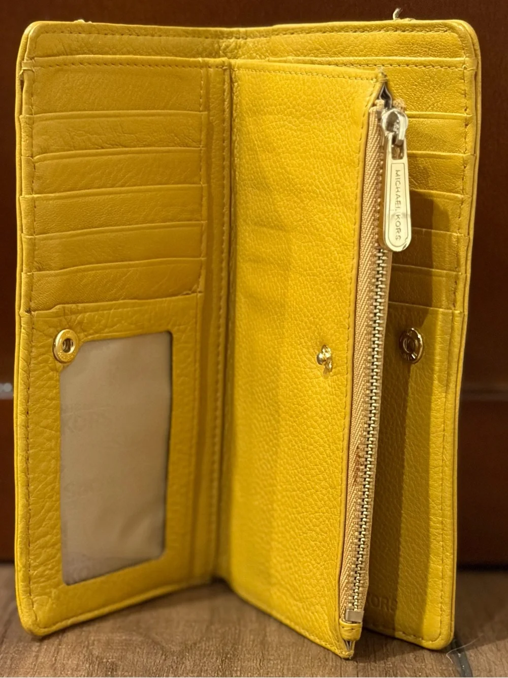 Michael Kors Yellow Leather Zip-Around Wallet with Gold Plaque